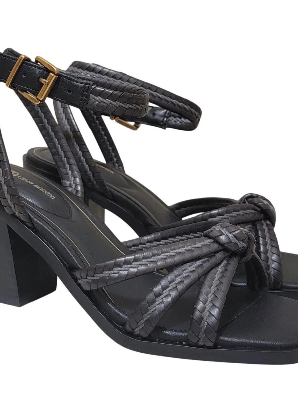 Woven Ankle-Strap Block Heel Sandals - Black
